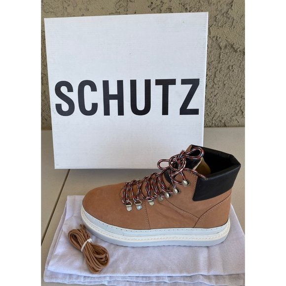 NIB SCHUTZ MARLUA PLATFORM LACE UP HONEY BEIGE BOOTS SZ 7.5B - Picture 2 of 7